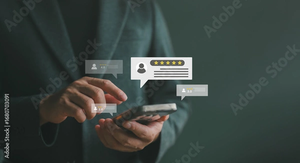 Fototapeta Businessman using a smartphone with customer review and rating icons, illustrating online feedback, consumer experience and digital reputation management in modern business. Satisfaction concept.