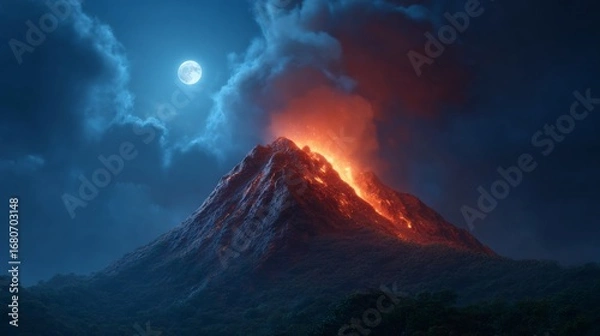 Fototapeta Eruption Under the Moon: A majestic volcano erupts dramatically under the spell of the midnight moon, with glowing lava contrasting against the dark, mysterious sky.