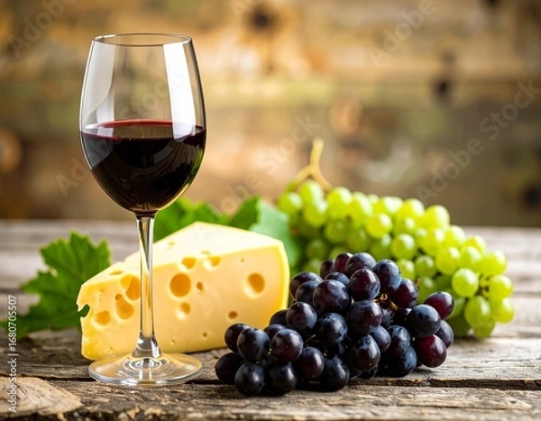Fototapeta Glass of Red Wine with Grapes and Cheese on Rustic Wooden Table