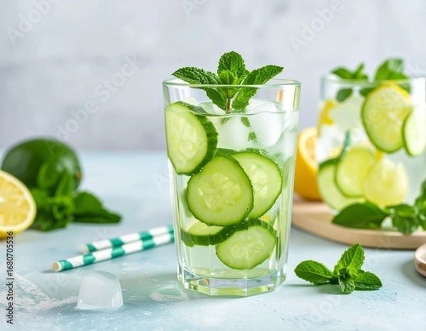 Fototapeta Refreshing Cucumber Mint Lemonade in Glass with Ice Cubes