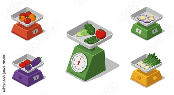 Fototapeta Colorful kitchen scales with fresh vegetables and fruits in isometric style