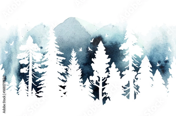 Fototapeta Coniferous watercolor horizontal vector seamless border pattern. White silhouette of fir trees on watercolor background. Winter illustration with trees, mountains, birds. Banner, print, page fill, web
