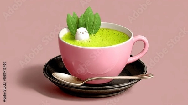 Fototapeta Pink cup filled with vibrant green matcha tea, topped with a cute marshmallow character and fresh mint leaves, elegantly placed on a black saucer with a silver spoon, showcasing a delightful beverage