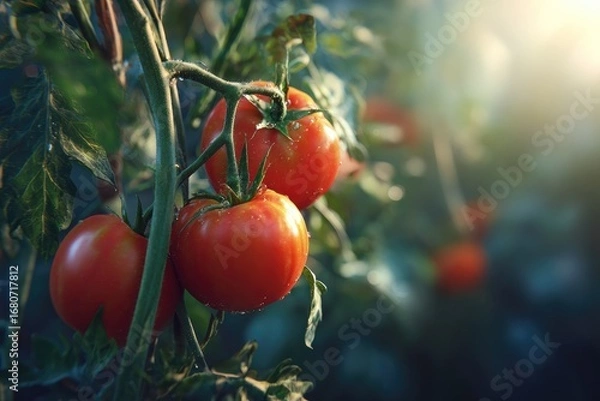 Fototapeta Ripe red tomatoes on the vine, glistening with morning dew