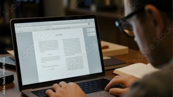 Fototapeta Person working on a laptop, reviewing a document in a well-lit office setting