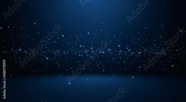 Fototapeta Dark blue background with floating white and blue particles and hexagonal outlines
