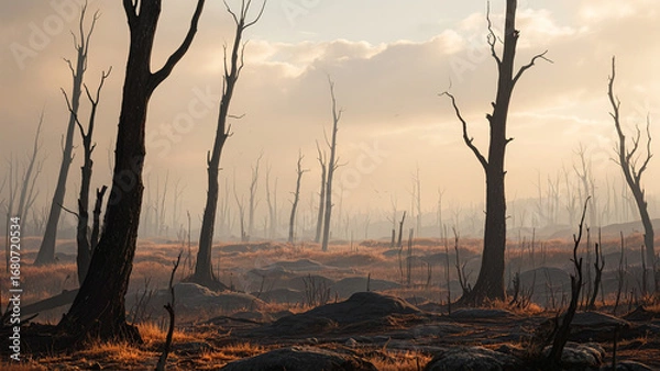 Fototapeta Photorealistic post-wildfire landscape with charred leafless trees against warm-hued sky, barren earth, detailed textures and natural lighting
