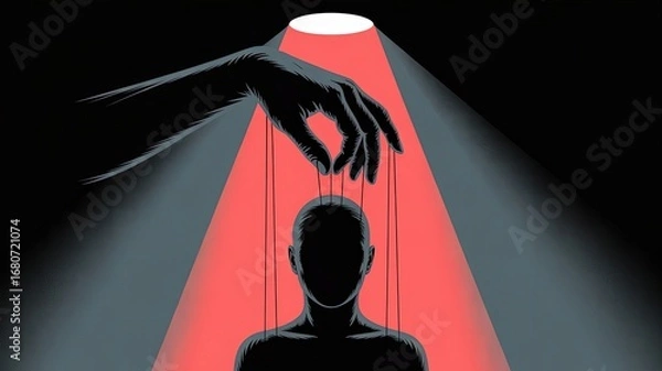 Fototapeta Manipulation and Control: An allegorical illustration depicting a hand manipulating a human figure with strings, illuminated in a spotlight, representing control and influence. 