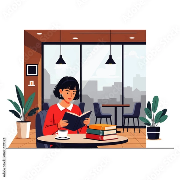 Fototapeta Calm and focused woman reading a book at a table in a bright, modern cafe with a city view. Leisure and learning concept