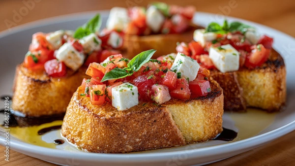 Obraz Delicious Italian bruschetta with tomatoes, feta, and basil.