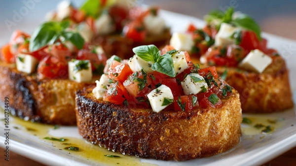 Obraz Bruschetta with fresh tomatoes, basil, and cheese on toasted bread.