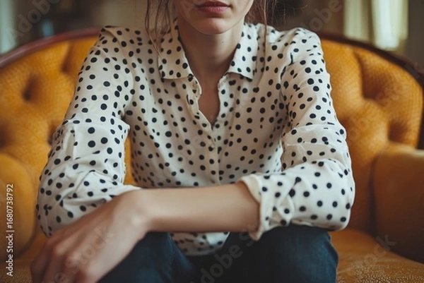 Fototapeta Person in a polka dot shirt with hands on  feeling discomfort, possibly from indigestion, sitting on a couch, representing a moment of physical discomfort and unease, Generative AI