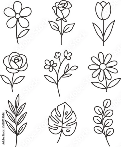 Fototapeta Minimal botanical line art set with flowers and leaves, including rose, tulip, daisy, and monstera. Perfect for wall art, posters, coloring books, wedding invitations, and elegant decorative projects.