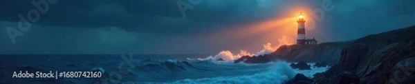 Fototapeta A powerful lighthouse beam cuts through the stormy night, illuminating the turbulent sea The beam sweeps across the waves, offering a beacon of hope amidst the darkness , dark, dramatic