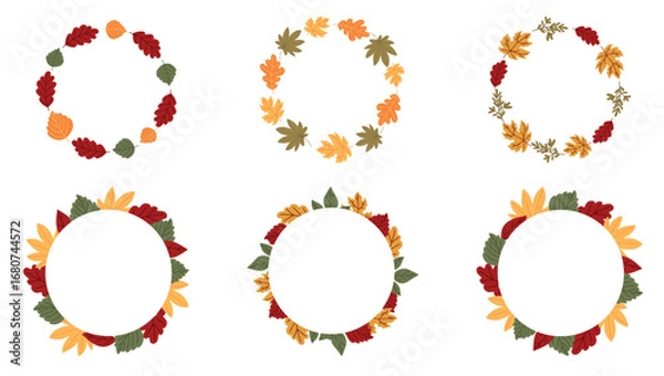 Fototapeta A set of autumn wreaths made of colorful seasonal leaves in warm autumn tones. Flat vector design for invitations, greeting cards, posters, social networks. Autumn, Thanksgiving Day