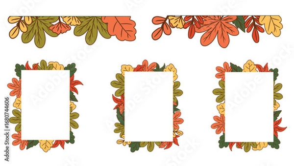 Fototapeta Colorful frames and borders made of autumn leaves for your autumn design projects, a set of autumn frames, flat vector design for postcards.
