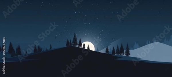 Obraz Quite night. Tree on hill and glowing moon. Landscape background. Generative AI technology.	
