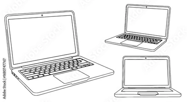 Fototapeta Laptops shown in outlined illustration. Computer devices, digital technology, networking, information, wireless, personal device, communication, portability, work