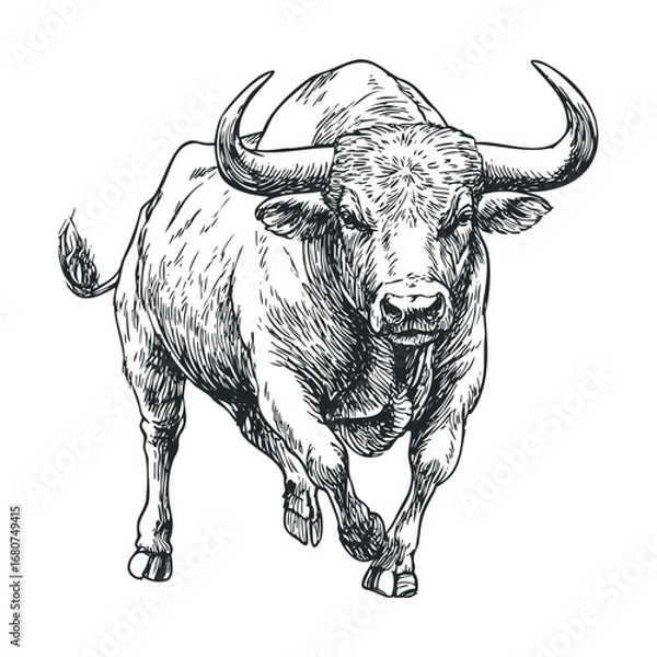 Fototapeta Drawing of a strong bull charging in dynamic motion. Vector illustration