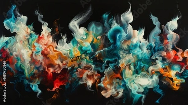 Obraz The colors are bright and varied, including shades of turquoise, red, orange, yellow, and white, all set against a stark black background.