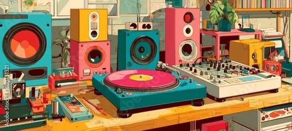 Obraz DJ music mixing table and equipment art illustration. Generative AI technology.	
