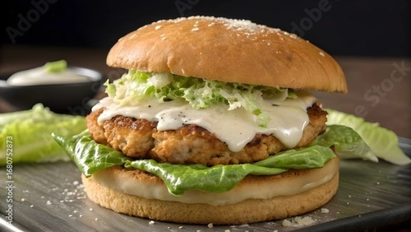 Fototapeta Delicious Classic Chicken Caesar Burger Stacked With Crisp Romaine Lettuce, Creamy Caesar Dressing, And Fresh Parmesan Cheese, A Flavorful Twist On A Gourmet Fast Food Favorite
