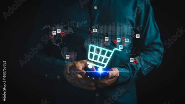 Fototapeta Digital shopping cart icon with global map and network connection, symbolizing e-commerce, online retail, worldwide business, shopping online, internet marketing and global digital trade concept.
