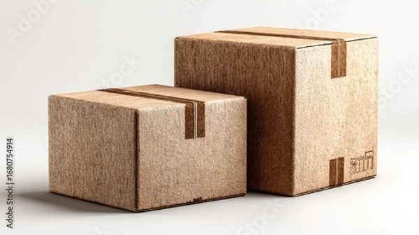 Fototapeta Two cardboard boxes, one slightly larger than the other, rest on a plain white surface