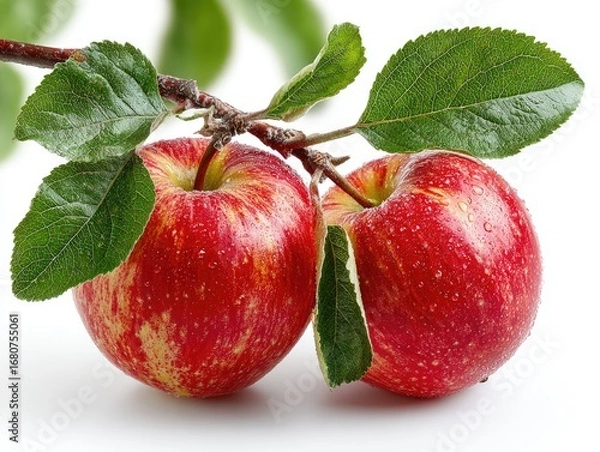 Fototapeta Two red apples with leaves on a branch