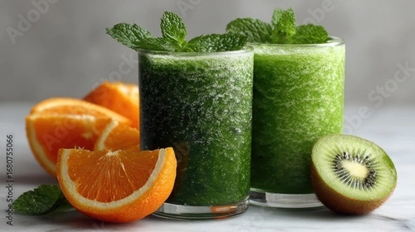 Fototapeta Two vibrant green smoothies, garnished with fresh mint, beside orange slices and kiwi