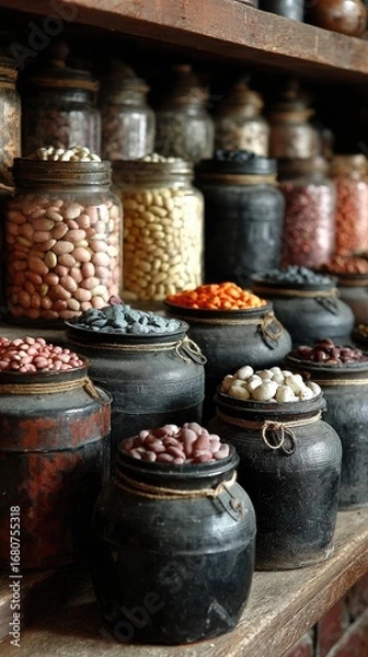 Fototapeta Vintage jars filled with various beans and seeds on wooden shelves