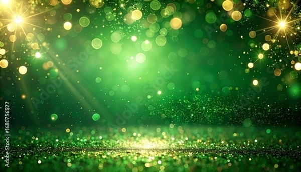 Obraz クリスマスイメージのグリーンの玉ボケ背景　緑と金色の輝きが広がる幻想的なボケの背景素材