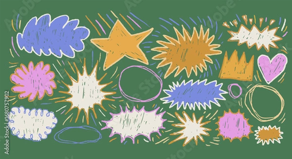 Fototapeta Colorful kid drawn doodle shapes with speech bubbles, stars, crowns, text box, sketchy comic bursts on green background. Crayon style elements for posters, notes, presentations.