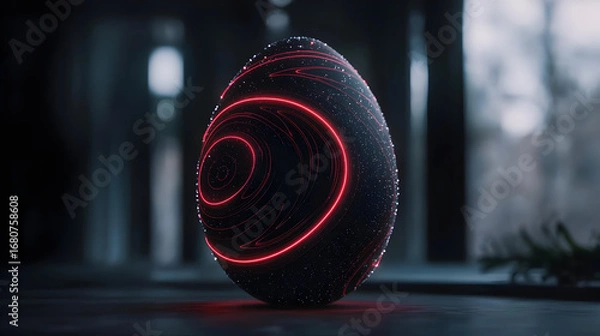 Fototapeta Glowing Red Dot Pattern Egg In Dark Ambiance