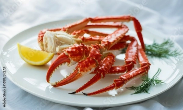 Fototapeta Cooked king crab legs on a white plate with lemon and dill