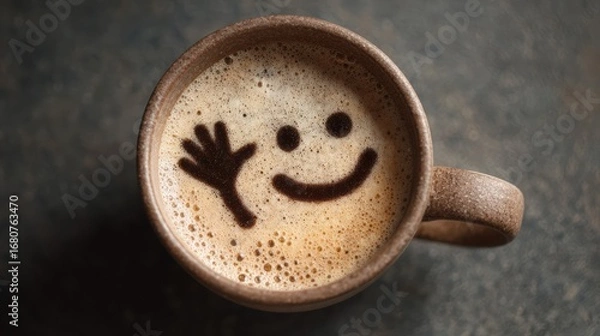Fototapeta A cup of frothy coffee with a happy face and waving hand drawn in the foam