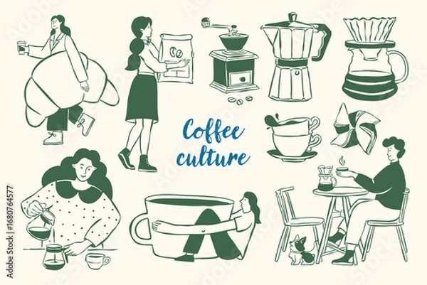 Obraz Coffee and dessert doodles. Hand-drawn sketch style funny characters. Art for greeting cards, wedding invitations, poster design, postcards, branding, logo design, wallpapers.	