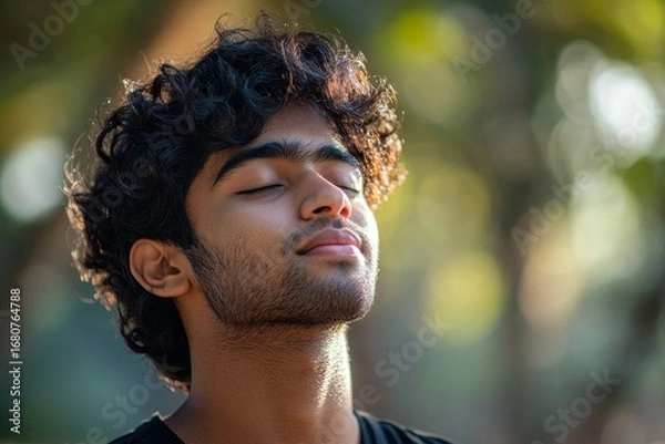 Fototapeta Close-up photo of a young Indian male athlete wearing headphones standing in a park, listening to music and resting with his eyes closed, capturing a moment of relaxation, enjoyment, Generative AI