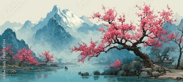 Obraz Cheery blossom Sakura tree, river, mountain view. Traditional oriental painting style background. Generative AI technology.	
