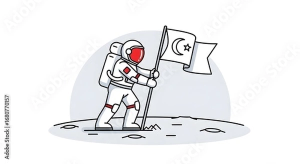 Fototapeta Astronaut in White Suit Holding Flag with Crescent Moon and Star on Moon Surface