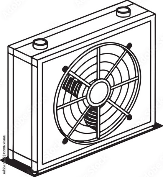 Fototapeta Air conditioner outdoor unit vector illustration, HVAC cooling system fan design, air conditioning condenser box drawing for ventilation and climate control concepts