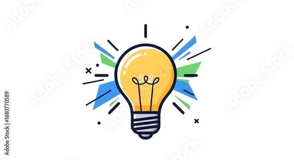 Fototapeta Illustration of Bright Yellow Light Bulb with Colorful Dynamic Lines and Sparks on White Background