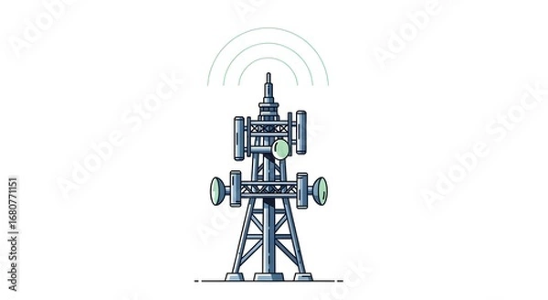 Fototapeta Telecommunication Tower with Antennas and Signal Waves on White Background