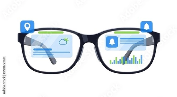 Fototapeta Smart Eyeglasses with Digital Display Showing Weather Notifications and Data Analytics
