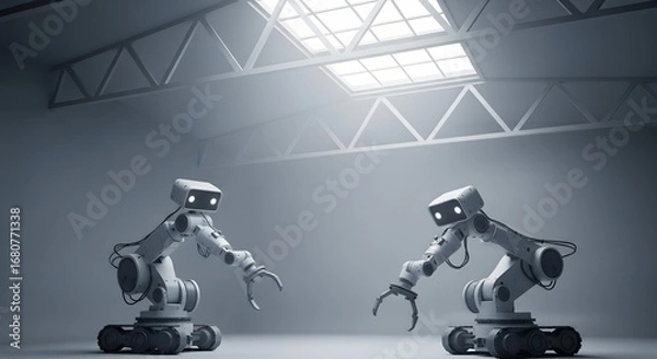 Fototapeta Two Modern Industrial Robots with Articulated Arms in Bright Factory Setting