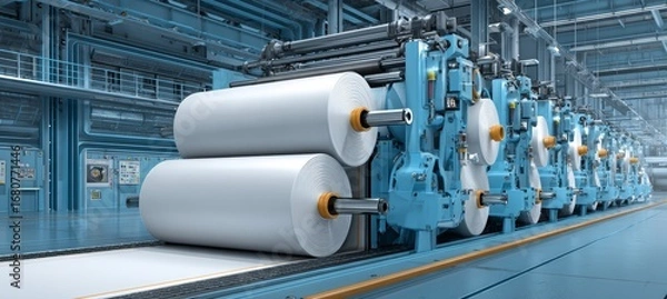 Obraz Paper machine production at factory. Generative AI technology.	
