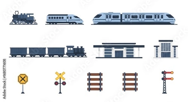 Fototapeta Set of Modern Train and Railway Infrastructure Icons for Transportation and Travel Designs