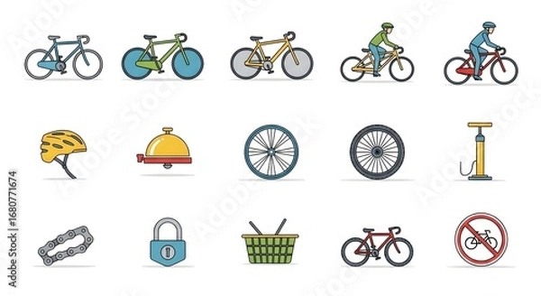 Fototapeta Set of Bicycles and Cycling Accessories in Flat Style Suitable for Transportation and Recreation