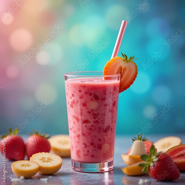 Fototapeta strawberry and kiwi smoothie with strawberries on table