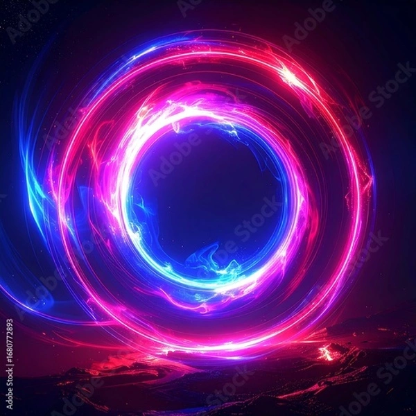 Fototapeta Vibrant, swirling rings of neon pink and blue light surround a dark center, creating an energetic and otherworldly scene.